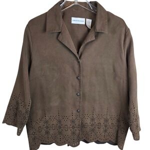 Alfred Dunner Women Sz 14 Brown Eyelet Laser Cut Faux‎ Suede Top Boho Western